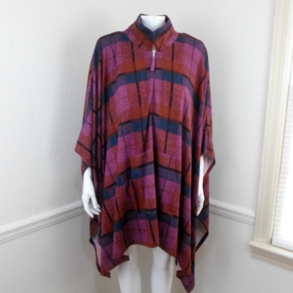Stan Herman Luxe Poncho Sweater Knit Half Zip Pink Plaid Popover